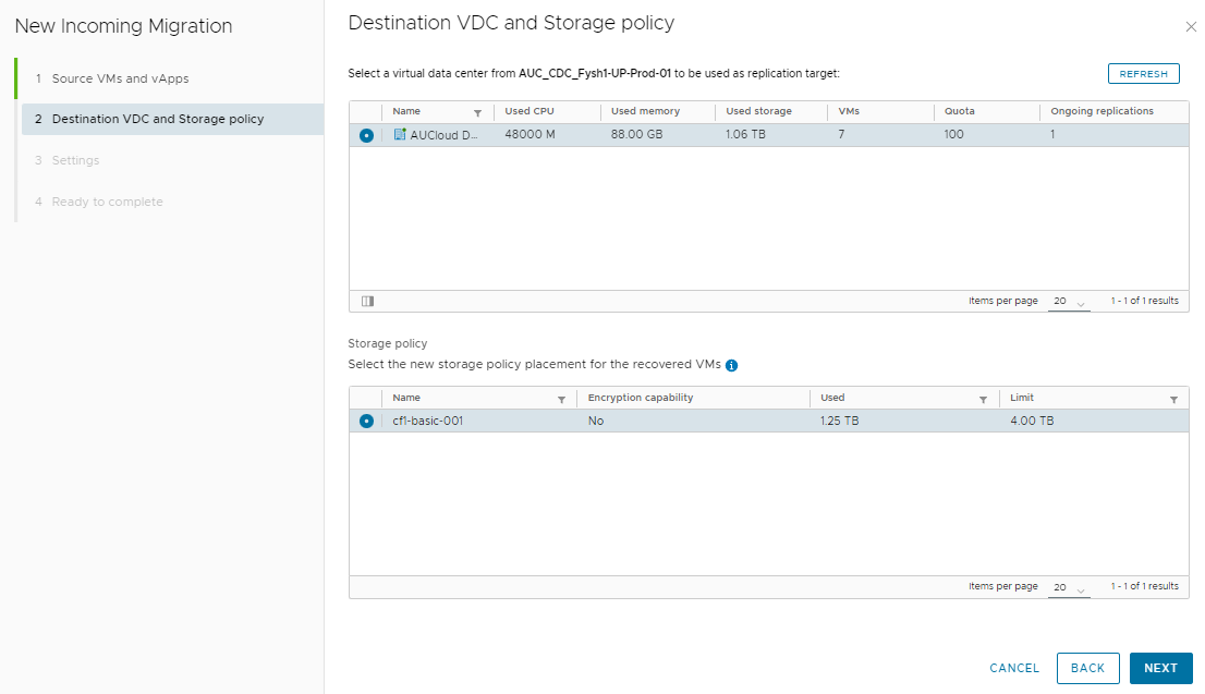 destination VDC and Storage policy